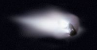 This view of comet Halley's nucleus was obtained by the Halley Multicolour Camera (HMC) on board the Giotto spacecraft, as it passed within 600 km of the comet nucleus on March 13, 1986. 
