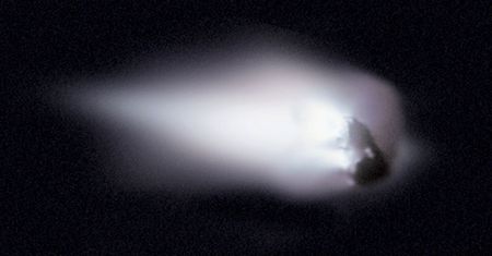 This view of comet Halley's nucleus was obtained by the Halley Multicolour Camera (HMC) on board the Giotto spacecraft, as it passed within 600 km of the comet nucleus on March 13, 1986. 