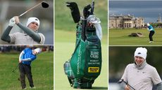 Robert MacIntyre's bag, with various pictures of him around it