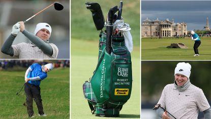 Robert MacIntyre's bag, with various pictures of him around it