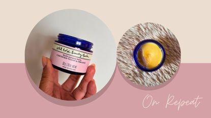 Aleesha holding the Neal's Yard Remedies Wild Rose Beauty Balm, next to a shot of the open jar showing the solid balm