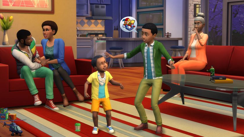 A screenshot of The Sims 4 video game showing two Sims characters in a living room