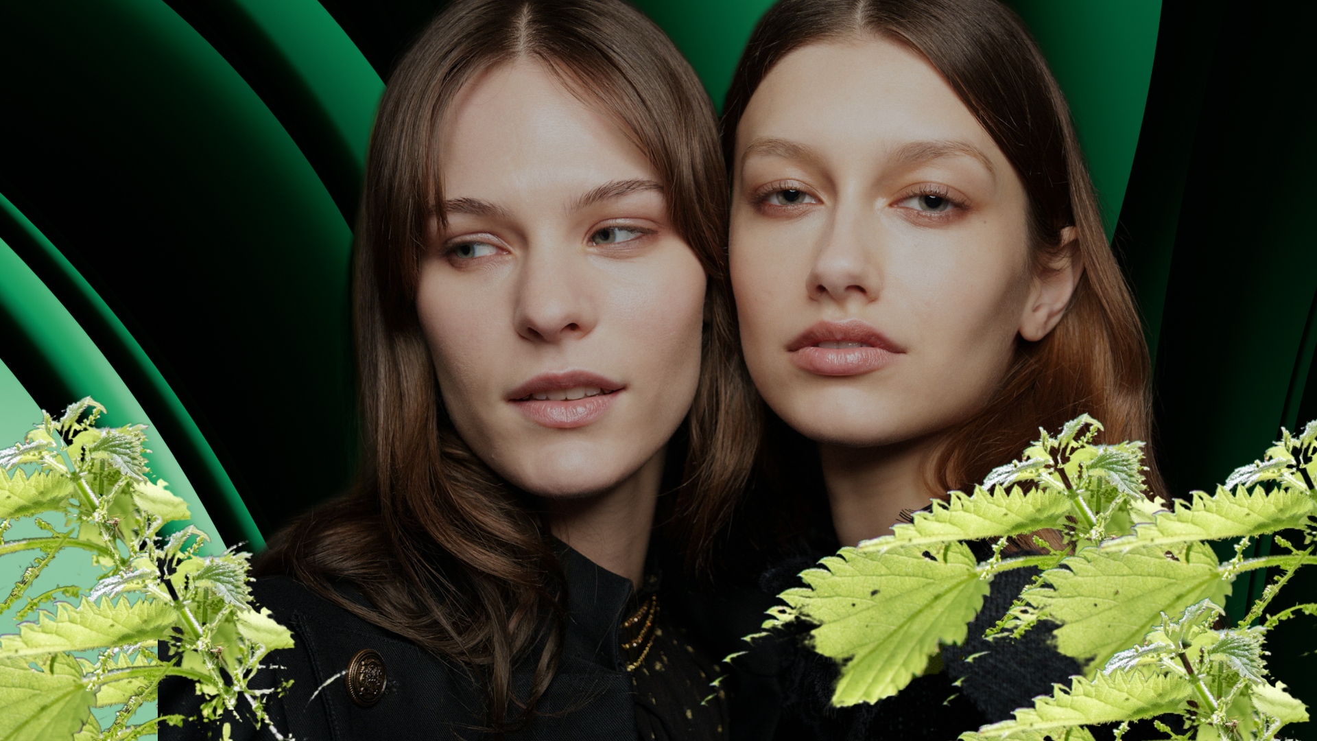 two woman with shiny hair on a green background with nettle
