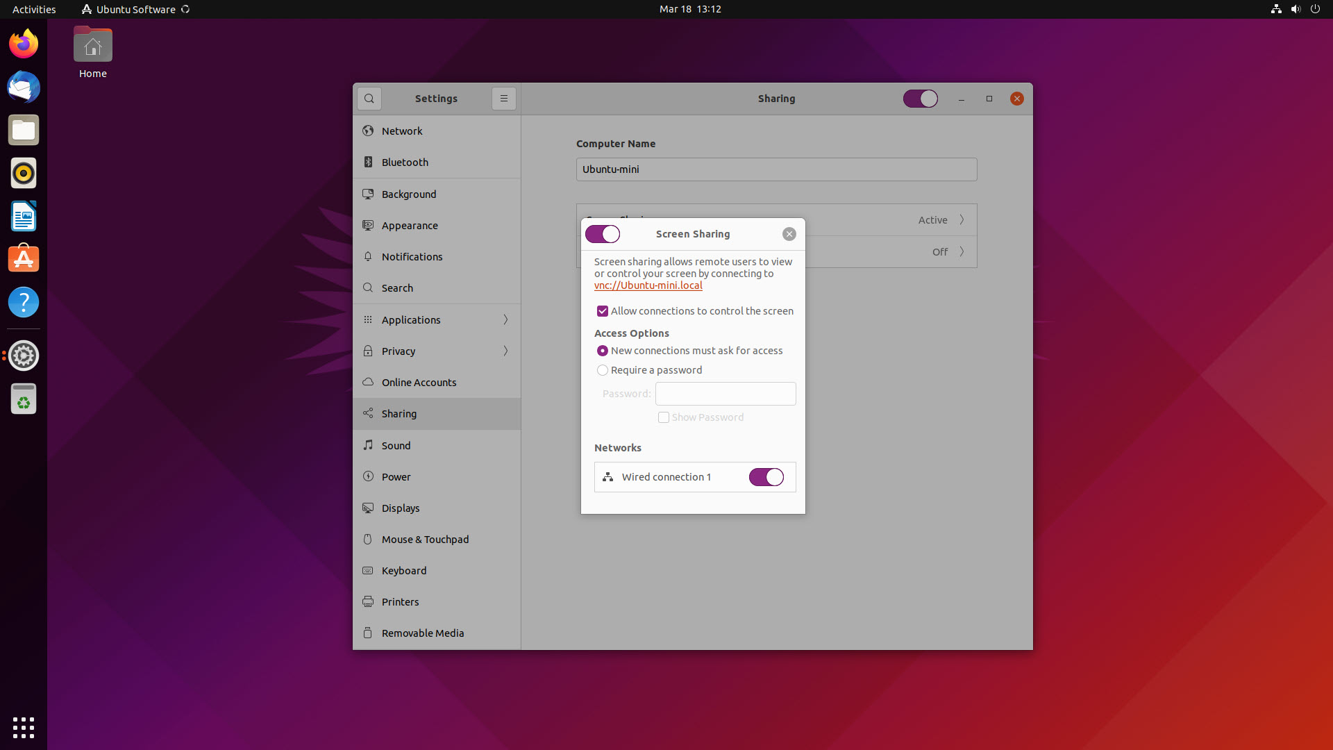 Screenshot of the Screen Sharing settings in Ubuntu