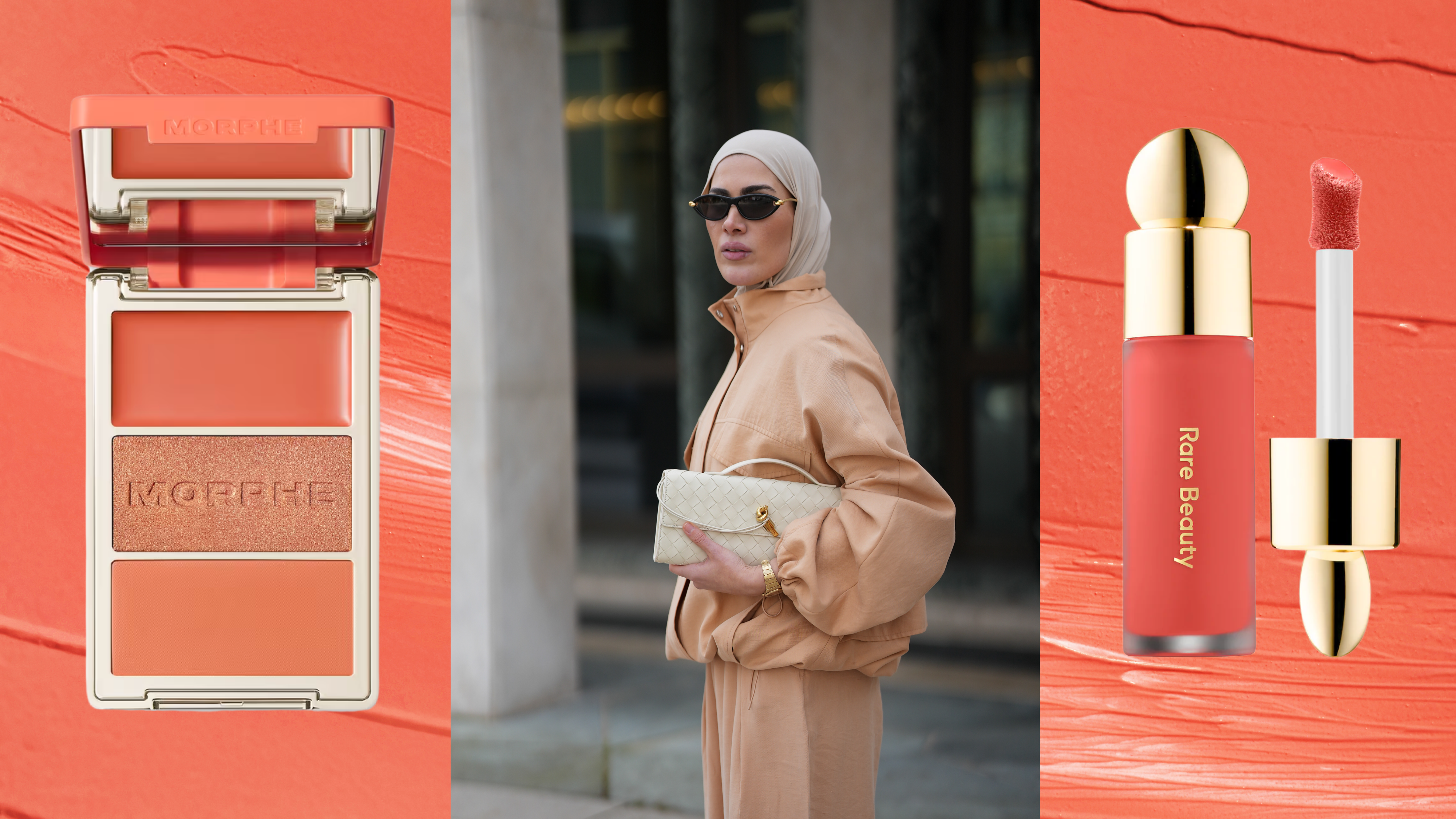 A woman wearing a white hijab and howling a white purse. She is wearing a pale peach sweatsuit. She is next to two peach blushes.