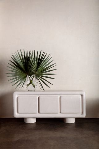 A clear glass vase with green plant, placed on a white sculptural moulded three-cabinet with 2 legs photographed in a room against a white wall and brown floor