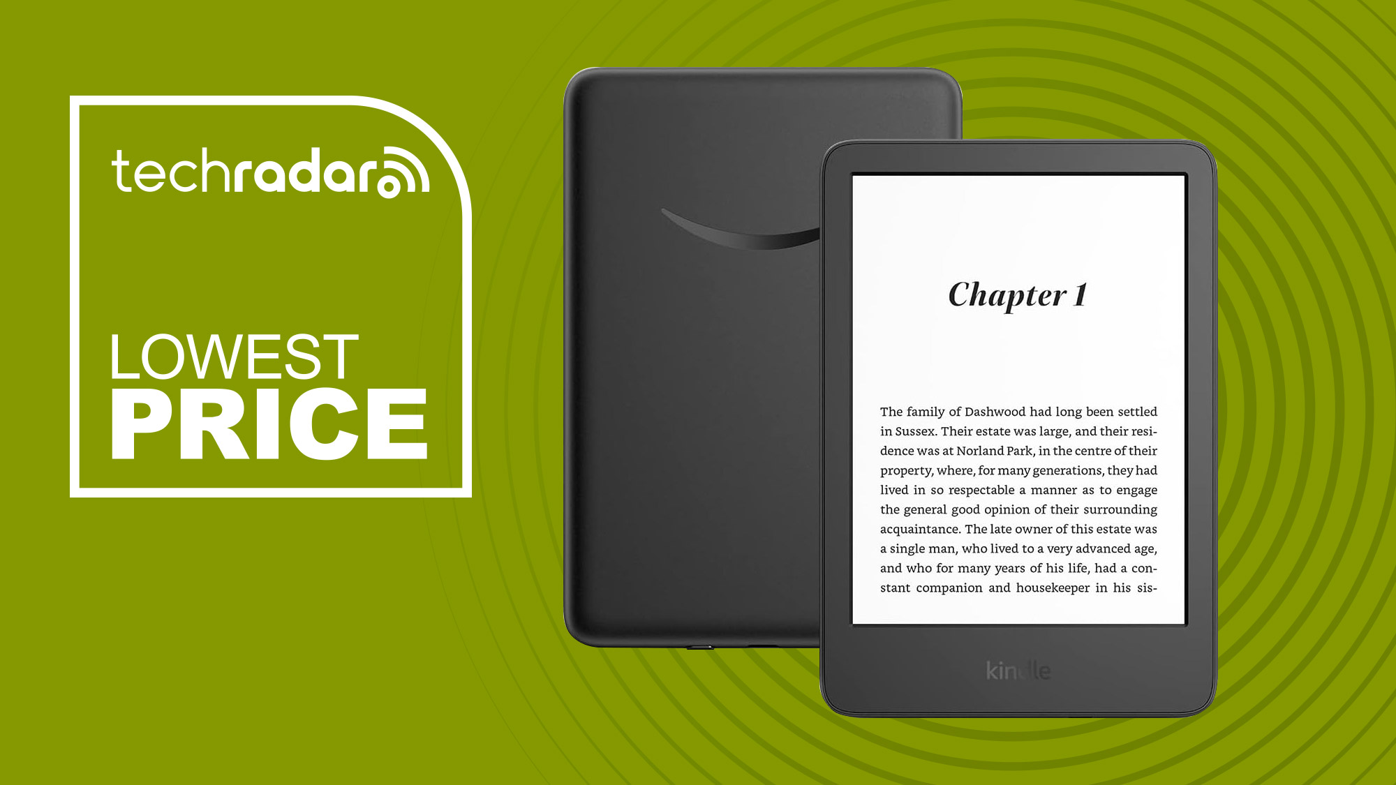 Kindle on green background with text reading Lowest price