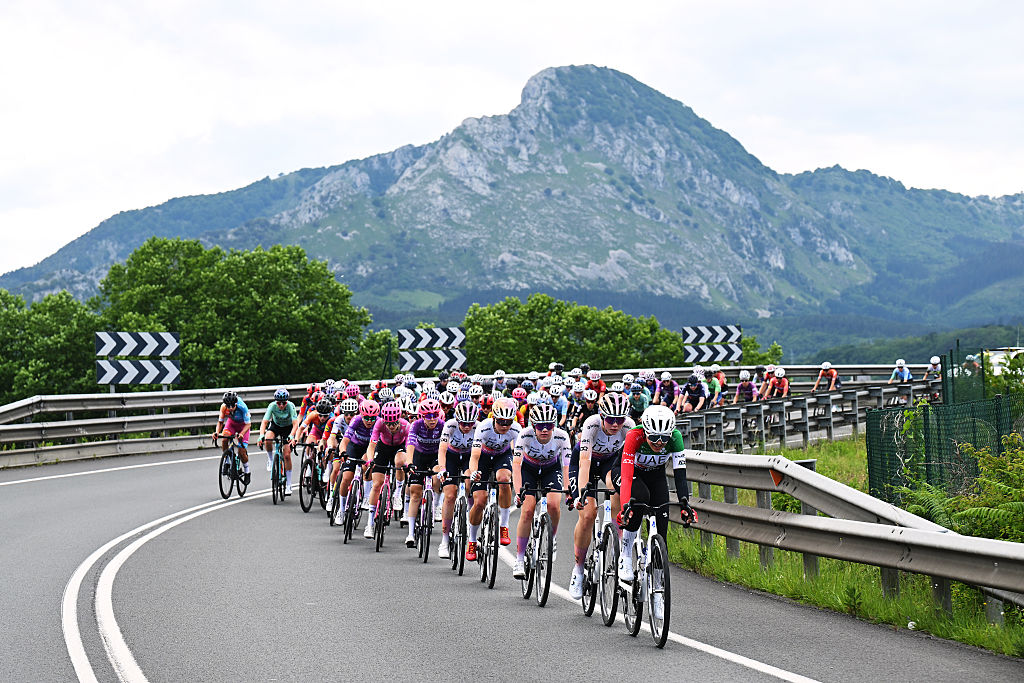 DURANGO, SPAIN - MAY 19: Safia Al Sayegh of United Arab Emirates and UAE Development Team leads the peloton during the 25th Durango - Durango Emakumeen Saria 2026 a 113km one day race from Durango to Durango on May 19, 2026 in Durango, Spain. (Photo by Szymon Gruchalski/Getty Images)