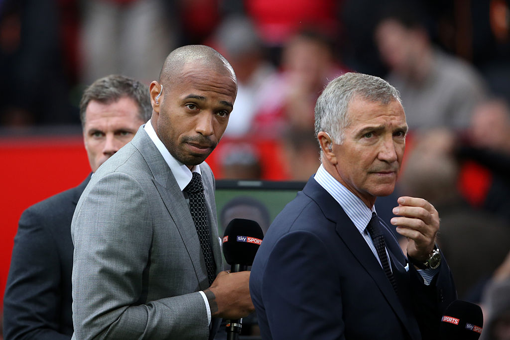 Thierry Henry and Graeme Souness working for Sky Sports Television during the Barclays Premier League match between Manchester United and Liverpool on September 12, 2015 in Manchester, United Kingdom.