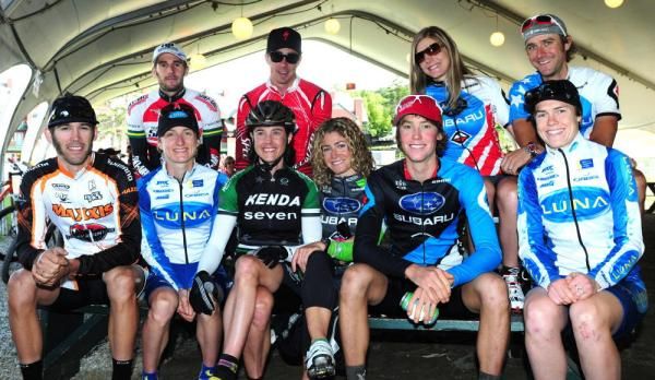 Cross Country Podium winners- (L to Right) back row- Sid Taberlay, Todd Wells, Heather Irmiger, Jeremy Horgan-Kobelski; front row-Geoff Kabush, Catherine Pendrel, Mary McConneloug, Willow Koerber, Sam Schultz, Georgia Gould