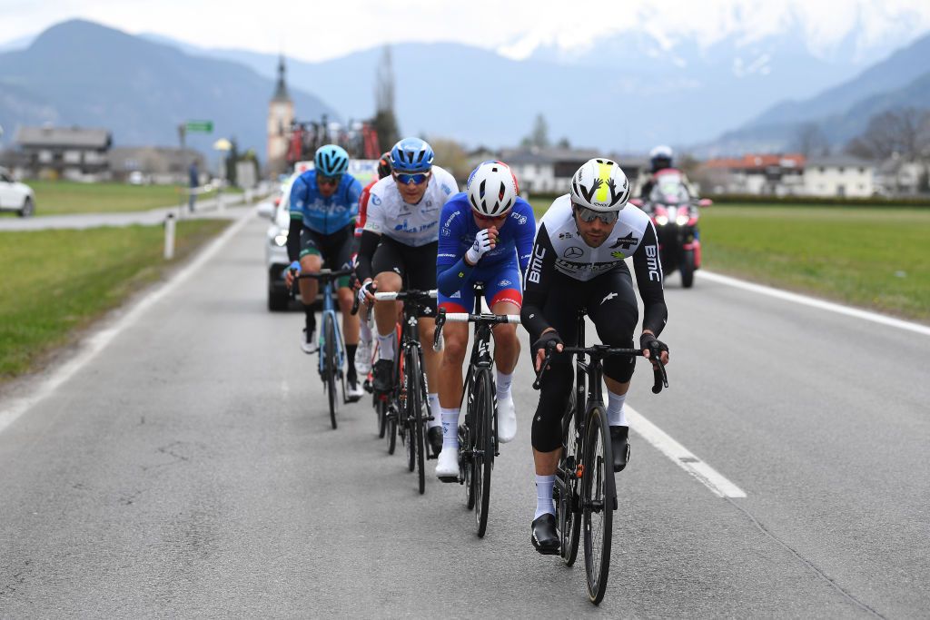 FEICHTEN IM KAUNERTAL AUSTRIA APRIL 20 Reuben Thompson of New Zealand and Team Groupama FDJ Reinardt Janse Van Rensburg of South Africa and Team Qhubeka Assos the Breakaway during the 44th Tour of the Alps 2021 Stage 2 a 1215km stage from Innsbruck to Feichten im Kaunertal 1291m TourofTheAlps TouroftheAlps on April 20 2021 in Feichten im Kaunertal Austria Photo by Tim de WaeleGetty Images