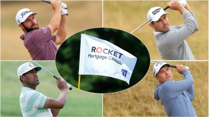 Golf flag and four golfers