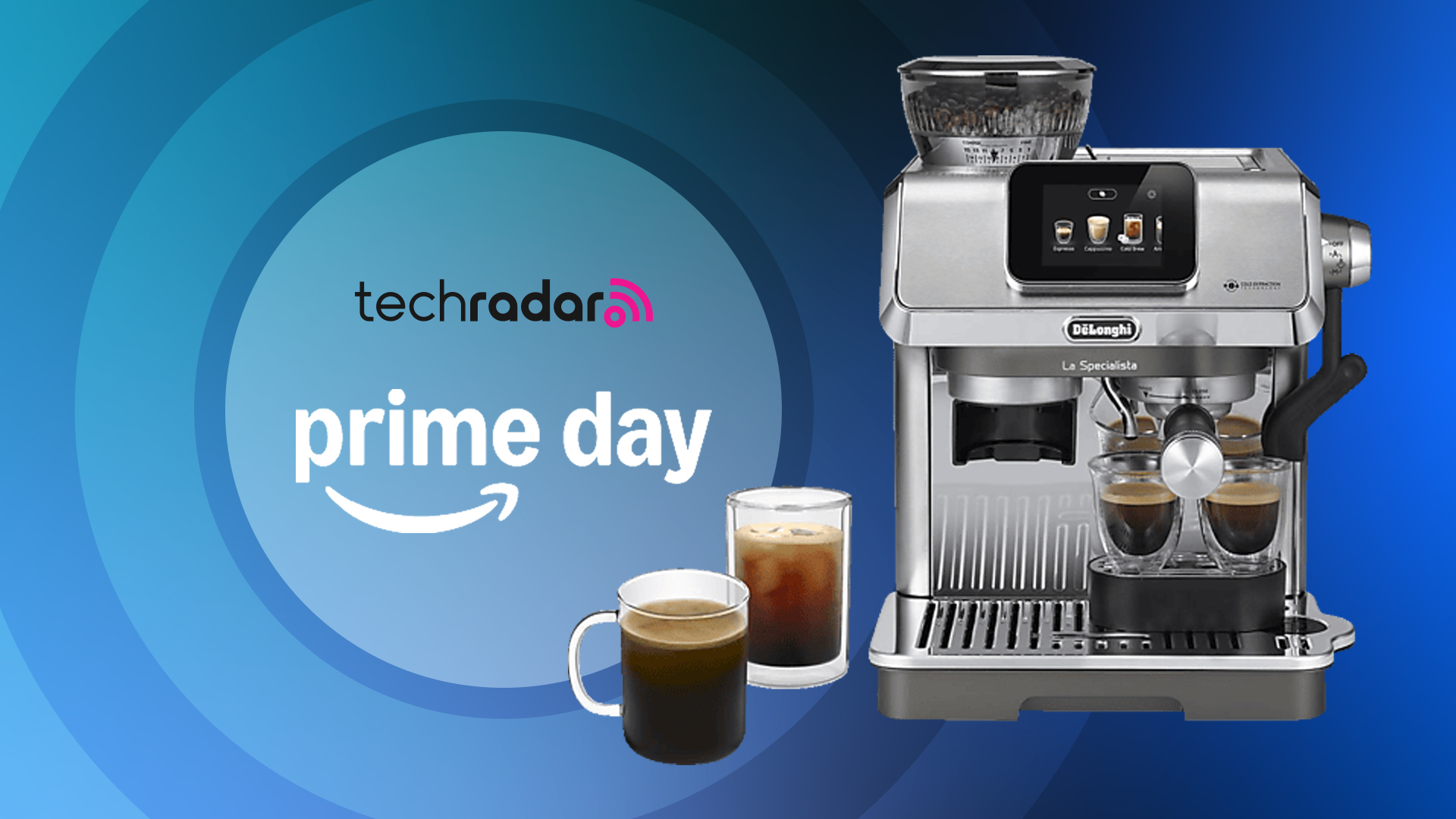 De&#039;Longhi coffee machine on blue background with text reading &#039;TechRadar Prime Day&#039;