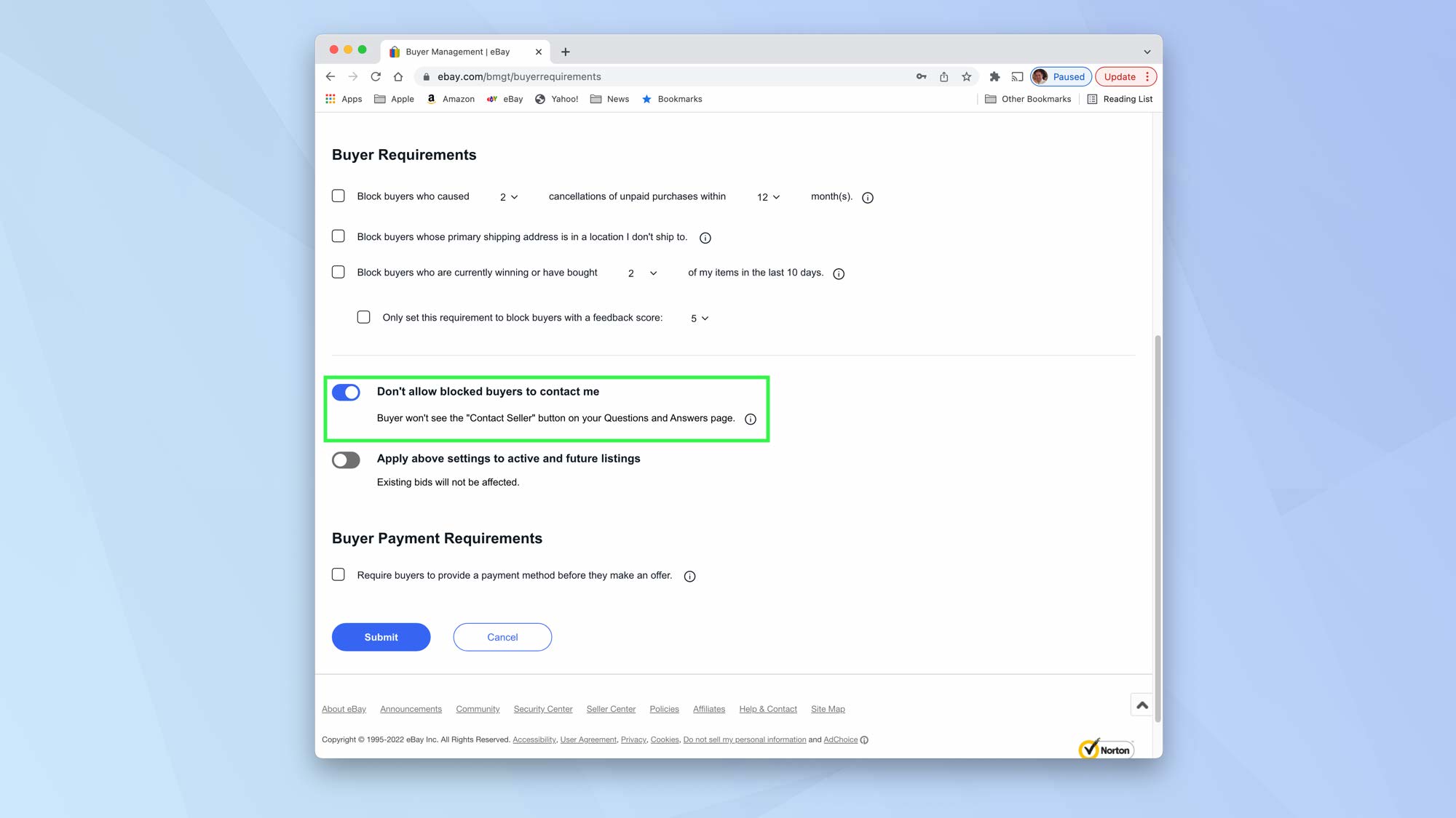 eBay's buyer requirements page with "don't allow blocked buyers to contact me" highlighted