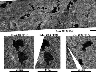 These images obtained by NASA's Cassini spacecraft show Titan's stable northern lake district. Cassini's radar instrument obtained the recent images on May 22, 2012. It observed some regions containing lakes that were last observed about six years (nearly one Titan season) ago. Although Titan spring began in 2009 and the sun has now risen over the lakes, there is no apparent change in lake levels since the 2006 flybys, consistent with climate models that predict stability of liquid lakes over several years.
