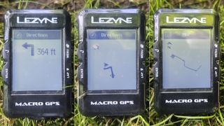 Three navigation screens on Lezyne Macro GPS computer