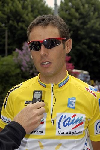 Micka&euml;l Buffaz is interviewed prior to the start in Trevoux.