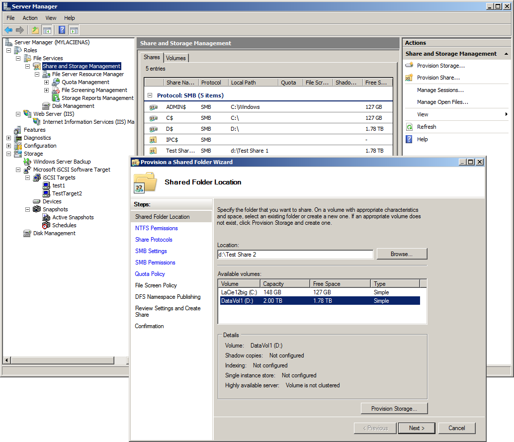 The Windows Server Manager provides full access to all storage features and wizards to help with share creation.