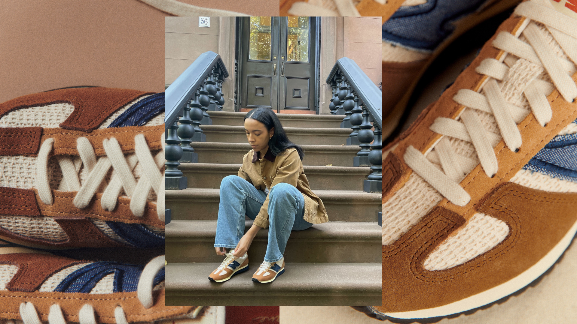 Lauren Tappan putting on her Sézane x New Balance sneakers