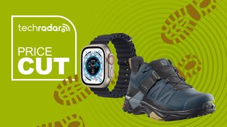 Apple Watch Ultra and Salomon hiking shoe