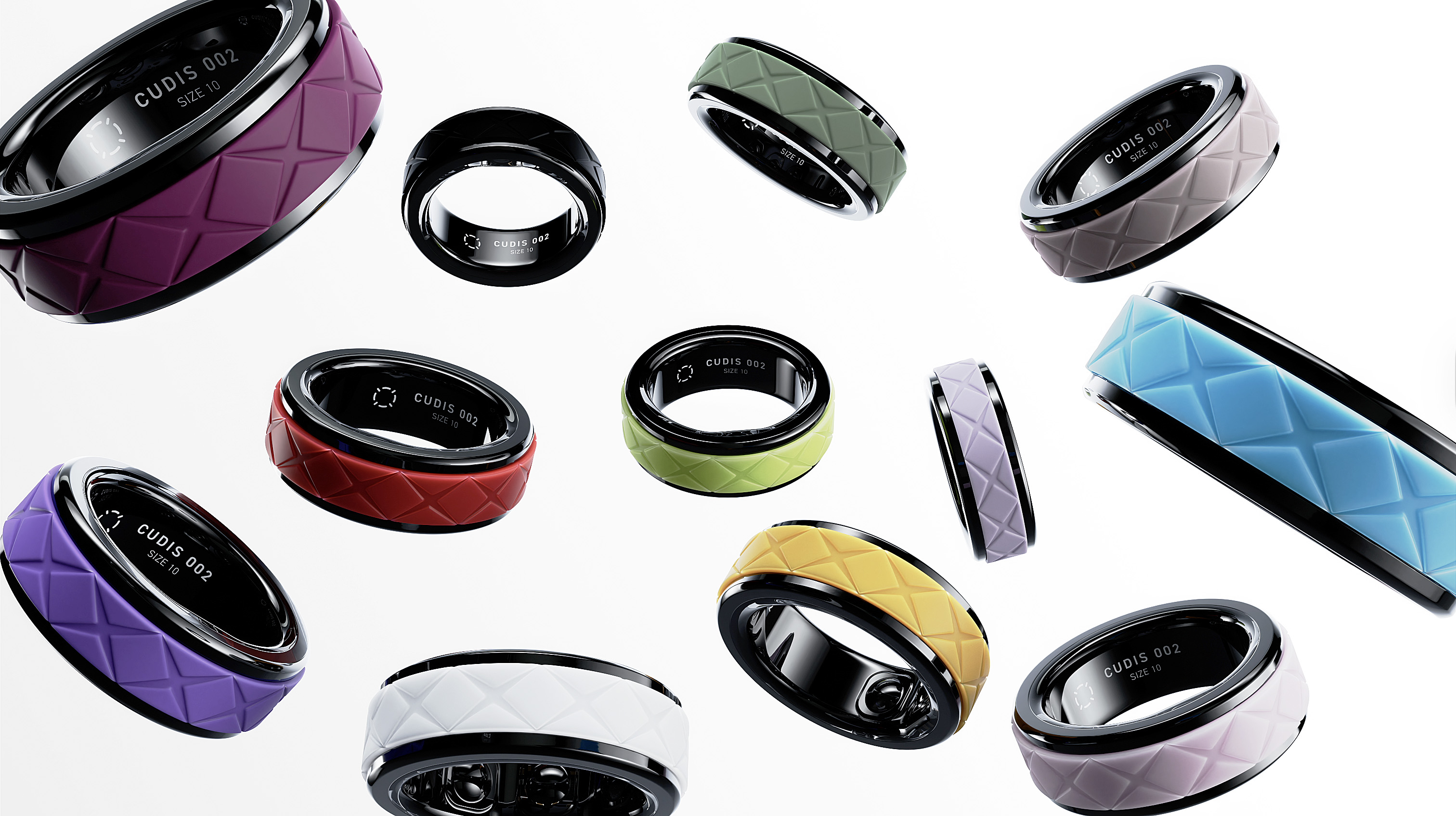 Close-up of the Cudis Sporty smart ring in 12 different colors