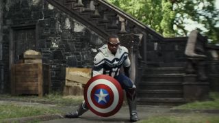 Anthony Mackie holding the shield and ready for battle in Captain America: Brave New World