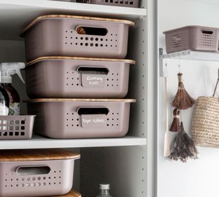 Orthex pink storage baskets with labels and bamboo lids