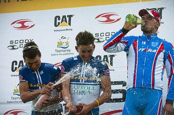 Stage nine podium (l-r): Johsua Taylor (eq2, Bikebug.com), Joseph Lewis (eq2,Bikebug.com) and Alexi Markov (1st,Team Russia).