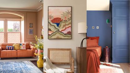 Three pictures: one of a peach living room, one of a brown room with wall art, and one of a blue and terracotta bedroom