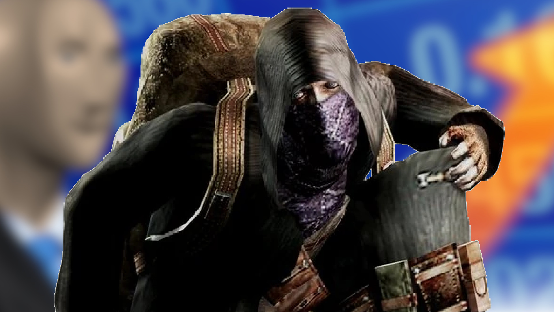 The Resident Evil 4 merchant in front of the Stonks meme