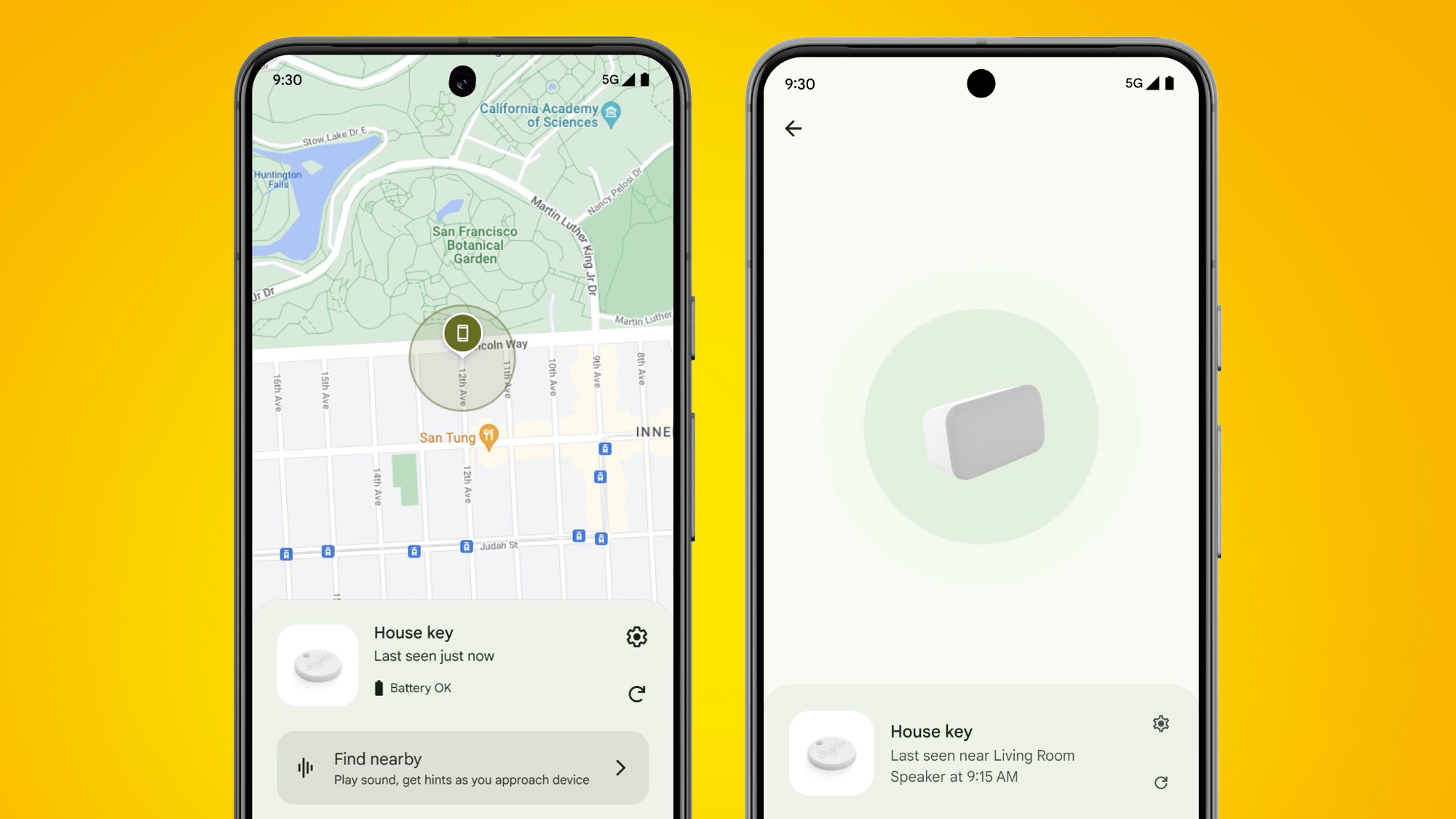 Dos teléfonos Android sobre un fondo amarillo que muestran la nueva red Find My Device de Google