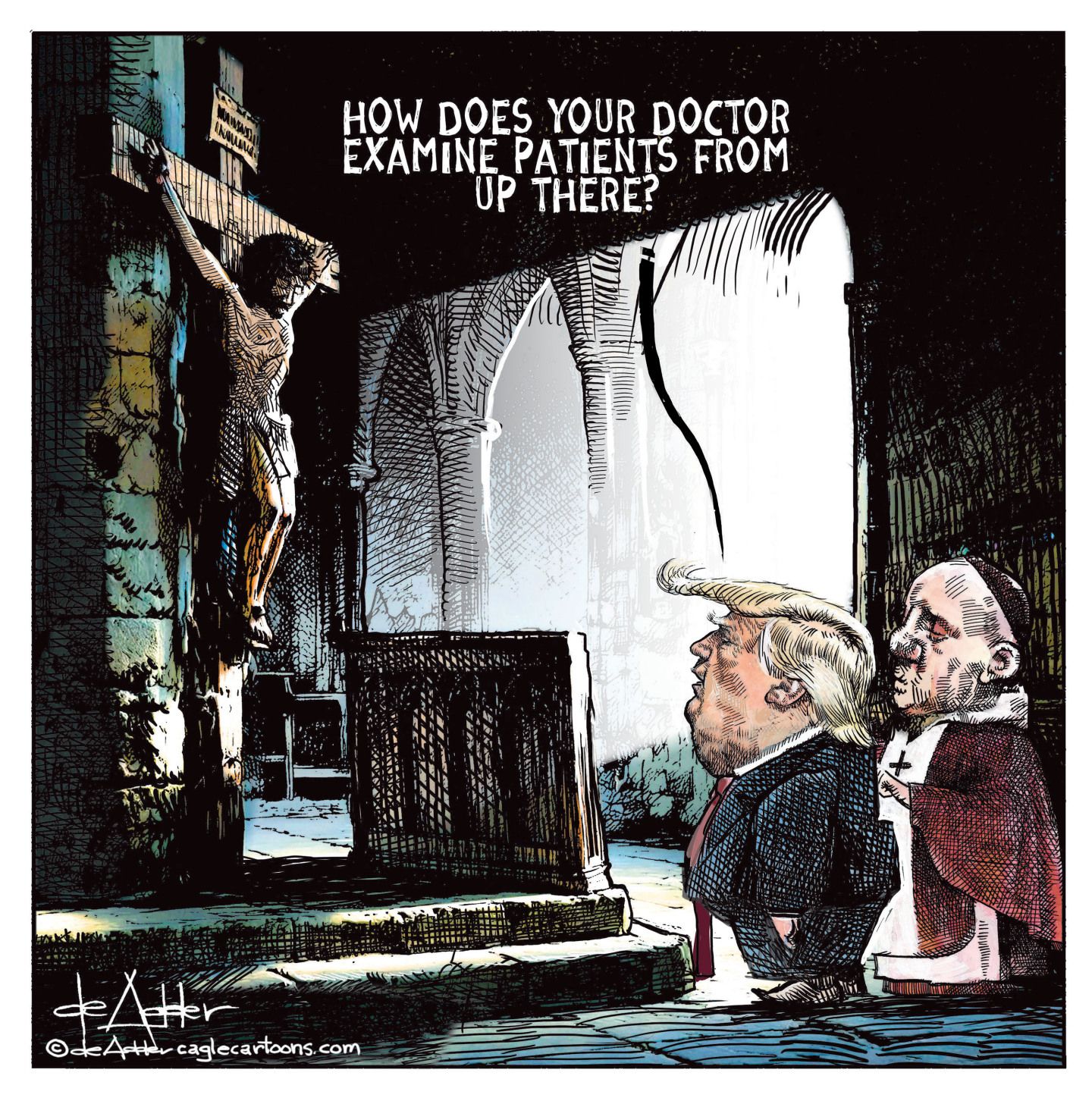 
                                This cartoon depicts Donald Trump and Pope Leo looking up at Jesus on the cross. Trump says, “How does your doctor examine patients from up there?”
                            