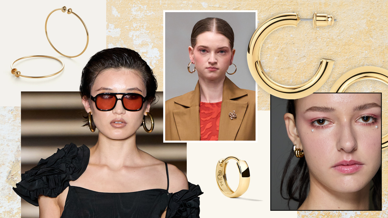 Image collage of gold hoop earrings from jenny bird, pavoi, and merjuri, model on runway wearing large gold hoop earrings, red tinted sunglasses and black dress, model with large hoop earrings brown blazer and red dress, close up of model with minimal makeup and small hoop earrings on beige flecked background