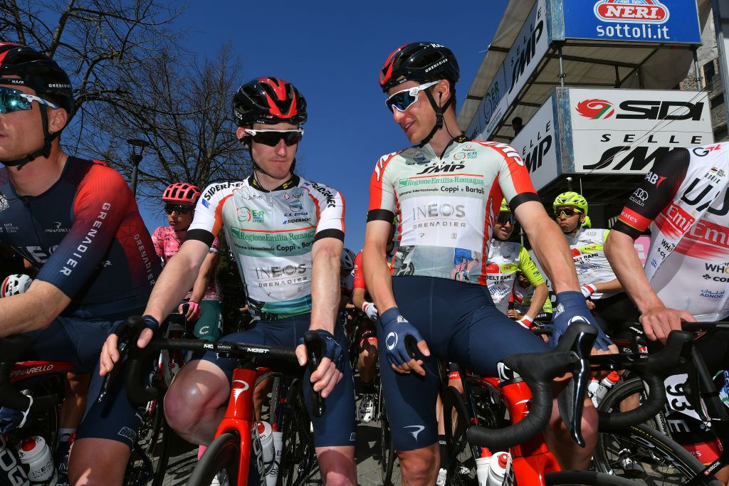 SAN MARINO ITALY MARCH 24 LR Eddie Dunbar of Ireland and Ethan Hayter of United Kingdom and Ethan Hayter of United Kingdom and Team INEOS Grenadiers Red Points Jersey prior to the 36th Settimana Internazionale Coppi e Bartali 2022 Stage 3 a 1471km stage from San Marino to San Marino 648m CoppieBartali on March 24 2022 in San Marino Italy Photo by Dario BelingheriGetty Images