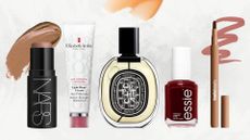 Collage of the woman&home beauty team's all-time favourite beauty products (L-R) NARS The Multiple, Elizabeth Arden Eight Hour Cream, Diptyque Orpheon, essie Bordeaux Nail Polish and Huda Beauty Lip Liner Stain, on a white marble background with cream bronzer, balm and lip liner swatches