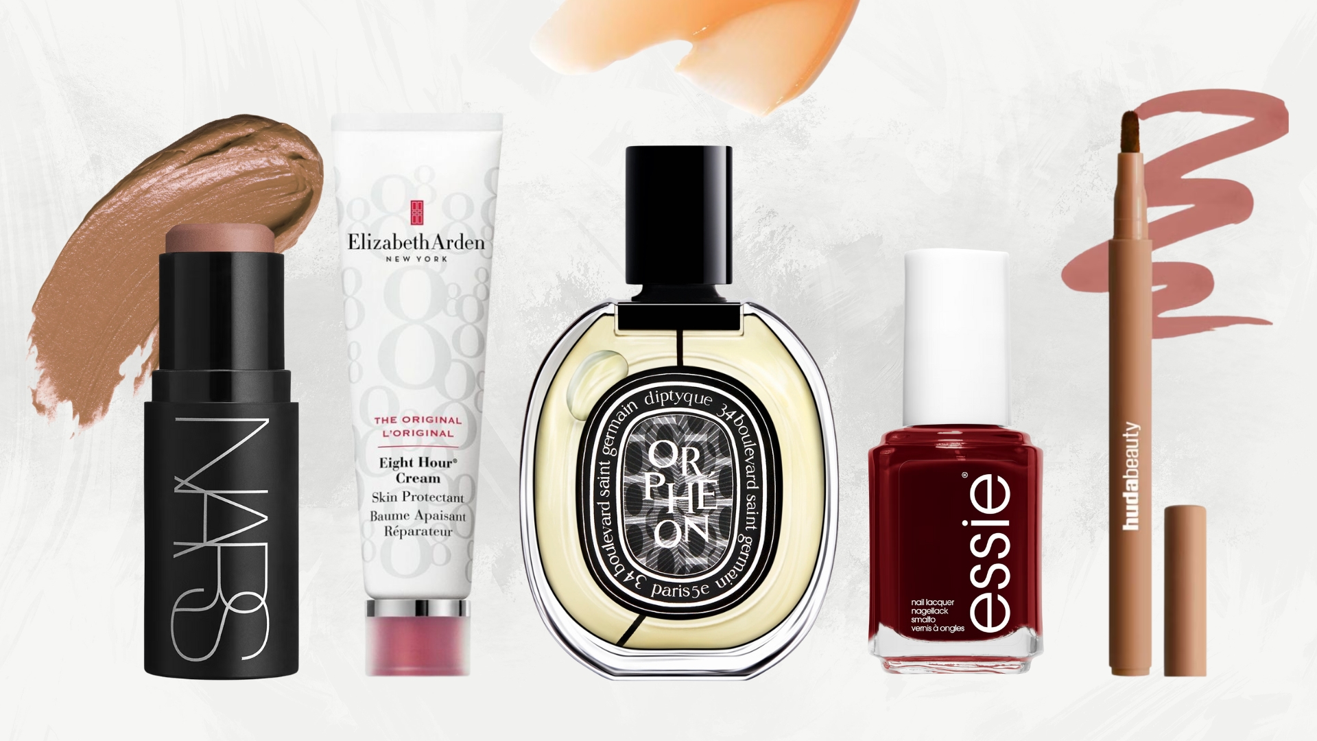 Collage of the woman&amp;home beauty team's all-time favourite beauty products (L-R) NARS The Multiple, Elizabeth Arden Eight Hour Cream, Diptyque Orpheon, essie Bordeaux Nail Polish and Huda Beauty Lip Liner Stain, on a white marble background with cream bronzer, balm and lip liner swatches