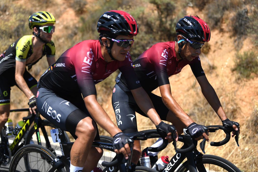 LAGUNAS DE NEILA SPAIN AUGUST 01 Richard Carapaz of Ecuador and Team INEOS Ivan Ramiro Sosa Cuervo of Colombia and Team INEOS during the 42nd Vuelta a Burgos 2020 Stage 5 a 158km stage from Covarrubias to Lagunas de Neila 1872m VueltaBurgos on August 01 2020 in Lagunas de Neila Spain Photo by David RamosGetty Images