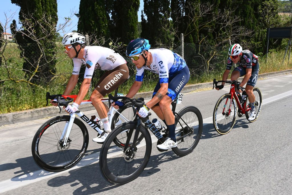 JESI ITALY MAY 17 LR Lawrence Naesen of Belgium and AG2R Citroen Team Alessandro De Marchi of Italy and Team Israel Premier Tech and Mattia Bais of Italy and Team Drone Hopper Androni Giocattoli Sidermec compete in the breakaway during the 105th Giro dItalia 2022 Stage 10 a 196km stage from Pescara to Jesi 95m Giro WorldTour on May 17 2022 in Jesi Italy Photo by Tim de WaeleGetty Images
