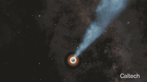 Die binären Schwarzen Löcher wirbeln in der Animation dieses Künstlers umeinander.  Das größere Schwarze Loch schleudert einen Materiestrahl mit nahezu Lichtgeschwindigkeit in den Weltraum, sodass Astronomen ihn von der Erde aus nachweisen können.