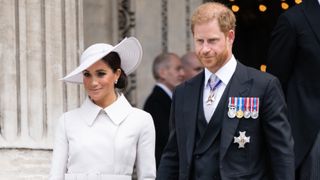 Meghan, Duchess of Sussex and Prince Harry, Duke of Sussex attend the National Service of Thanksgiving at St Paul's Cathedral on June 03, 2022 in London, England.