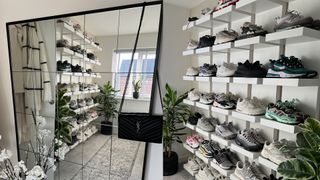 Wall of floating shelves displaying trainers