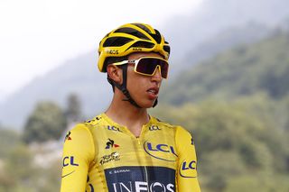 Egan Bernal (Team Ineos) wears the yellow jersey at the start of stage 20 at the Tour de France