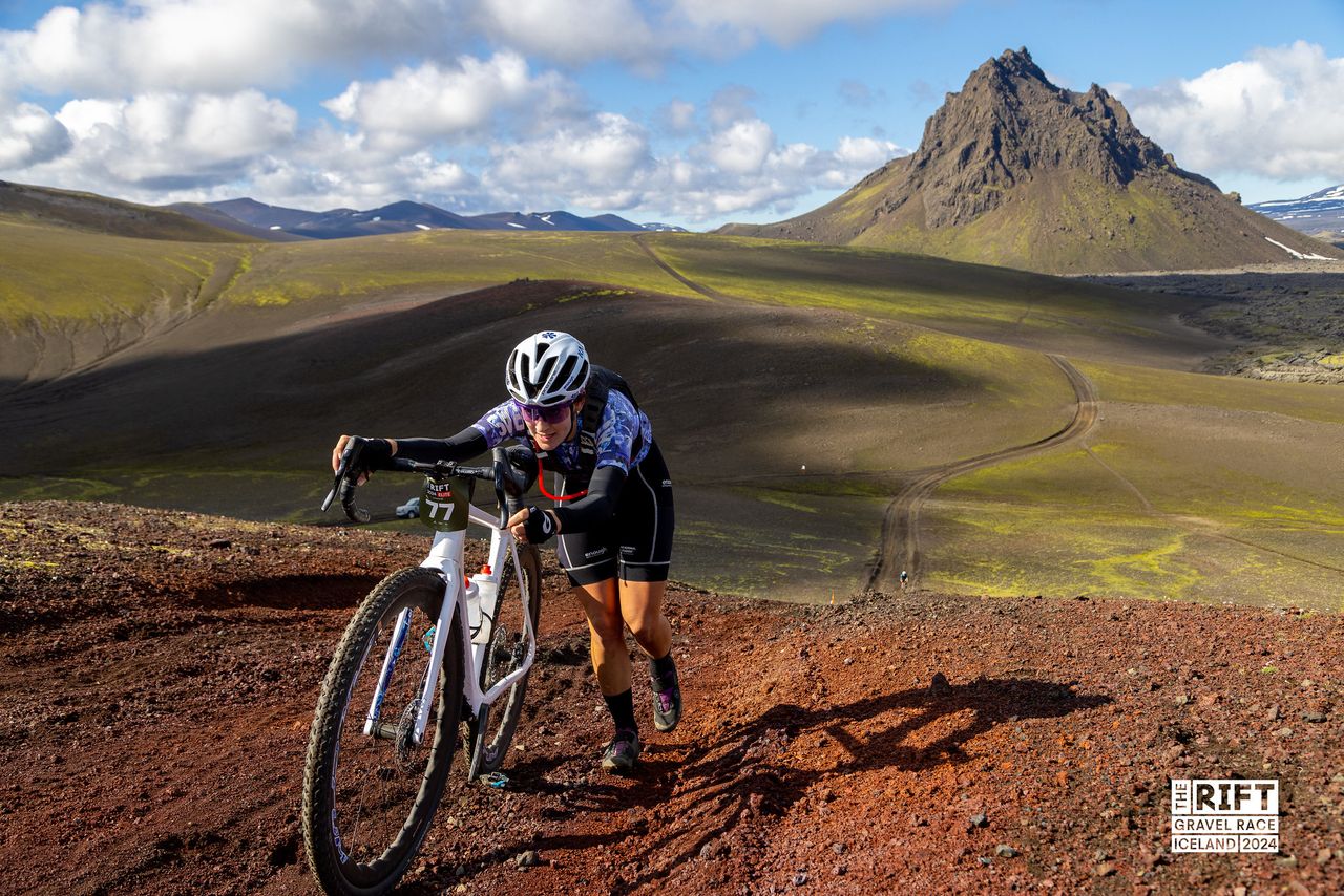 Morgan Aguirre (Enough Cycling) competes on the Krakatindur Climb