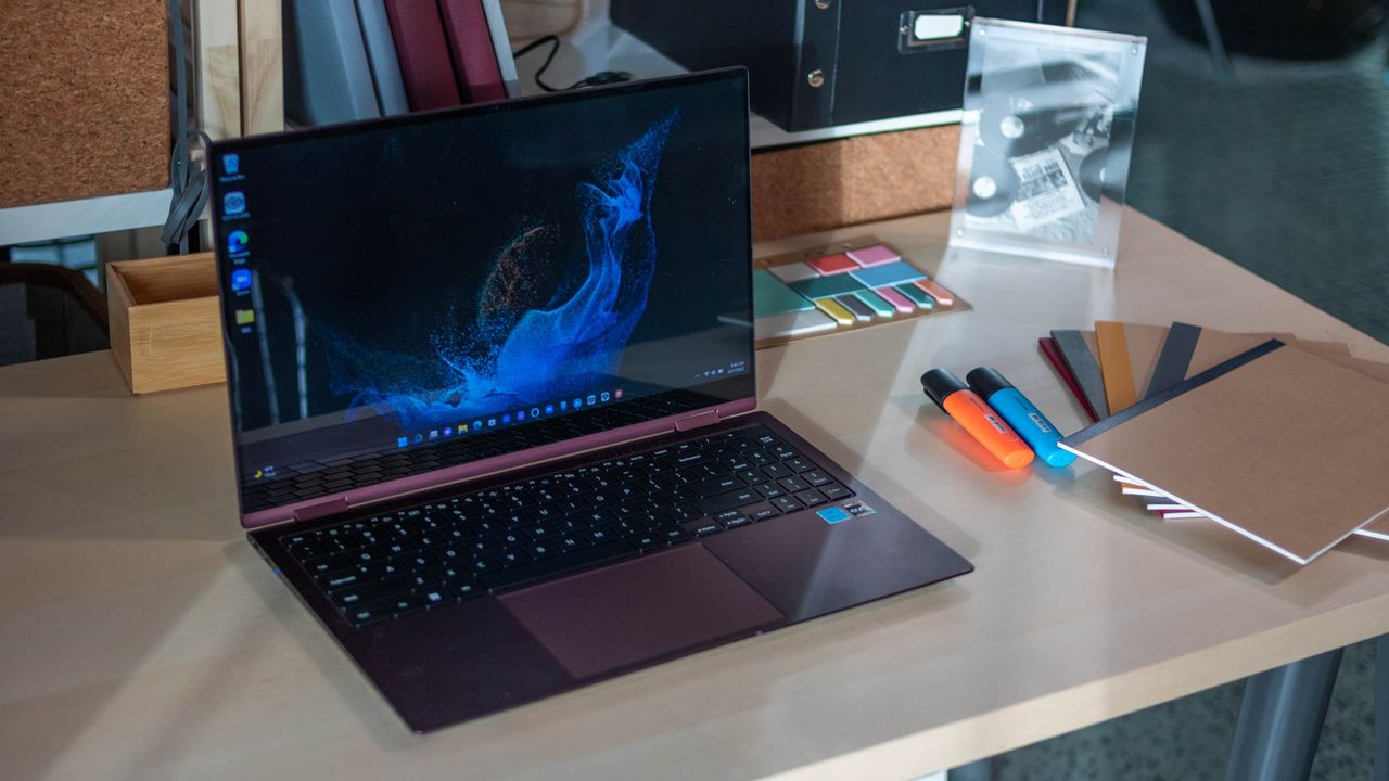 A photograph of the Samsung Galaxy Book2 Pro 360 on a table