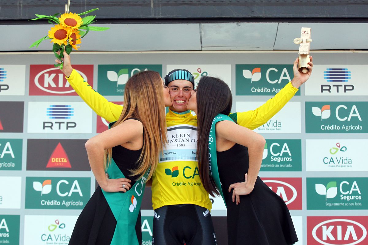 Enric Mas in yellow on the stage 2 podium at Volta ao Alentejo