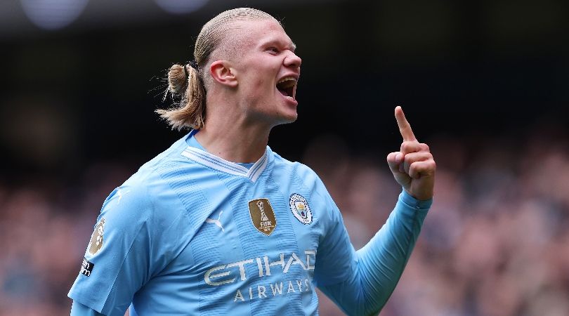 Erling Haaland celebrates after scoring for Manchester City against Everton in February 2024.