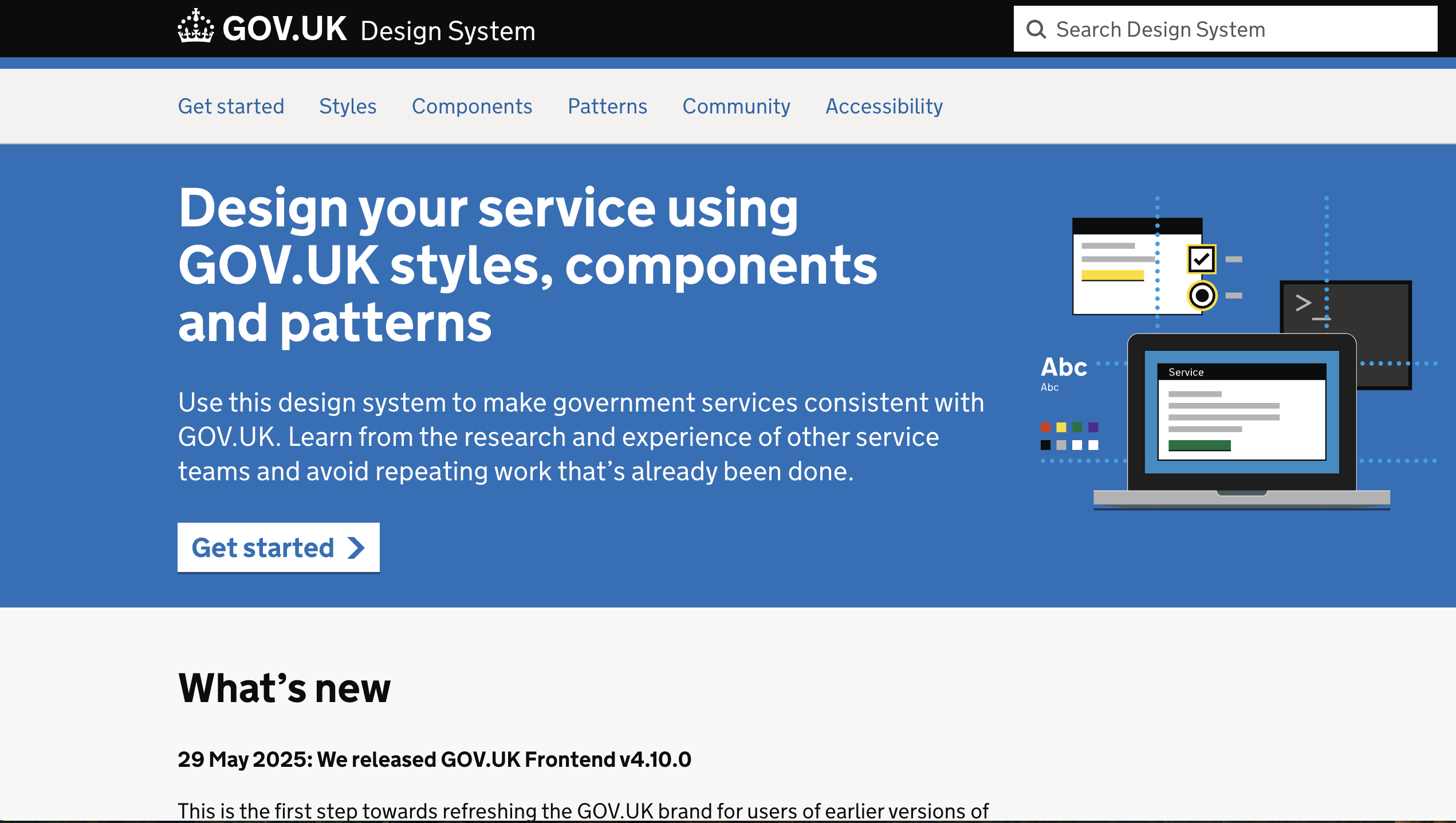 Web page outlining the new design system for Gov.uk