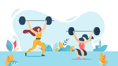 Illustration of two women with barbells, example of how to start weightlifting