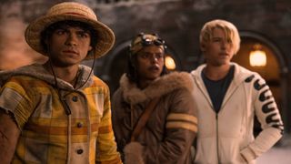 Inaki Godoy as Monkey D. Luffy, Jacob Romero Gibson as Usopp, and Taz Skylar as Sanji in One Piece season 2