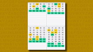 Quordle Daily Sequence answers for game 908 on a yellow background